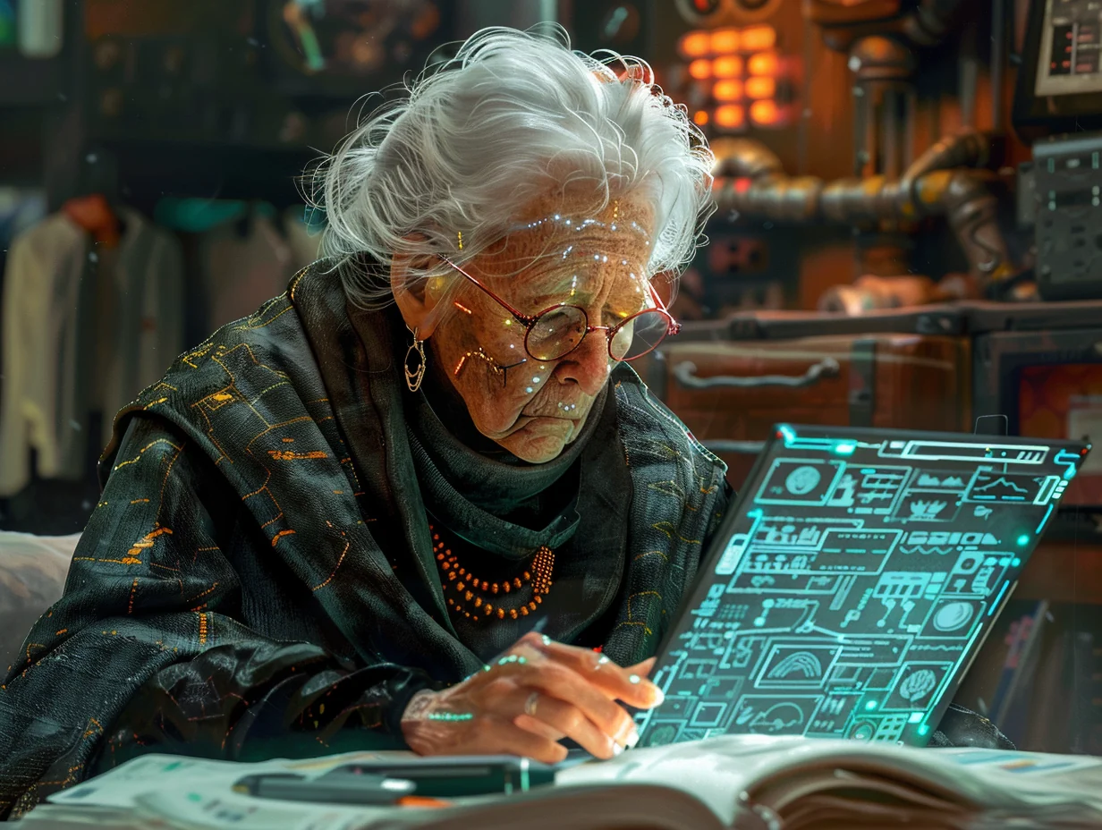 Illustration of Sofía's grandmother working intently on a glowing futuristic tablet.