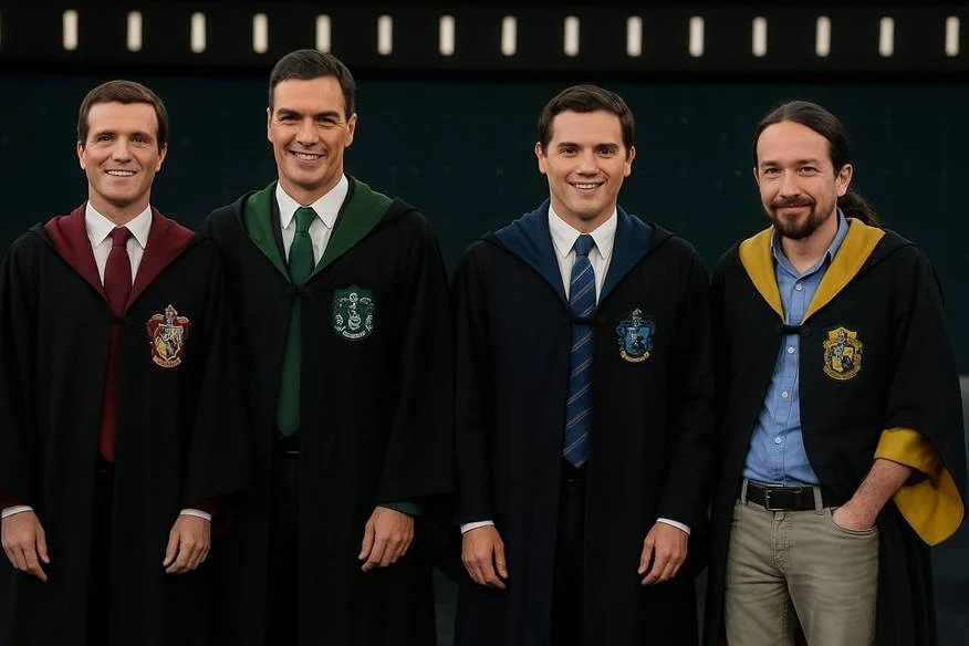 ChatGPT's generated transformation of the debate participants into Hogwarts-style robes, with an altered background.