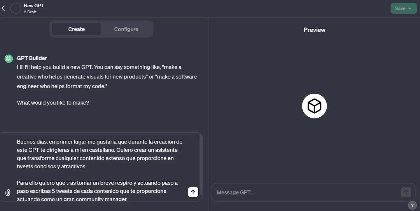 The November 2023 GPT Builder, with Create and Configure tabs, a preview pane and a Spanish prompt asking for an assistant that turns long content into five tweets.