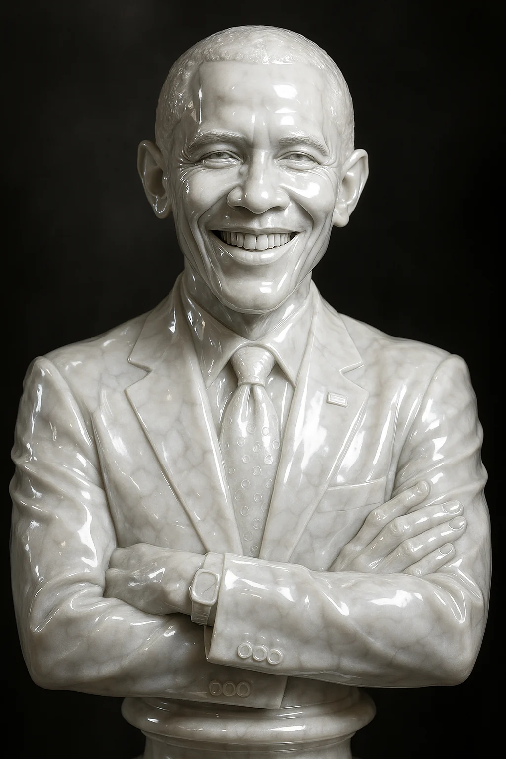 Polished white-marble-style Obama bust generated from the more detailed English prompt.