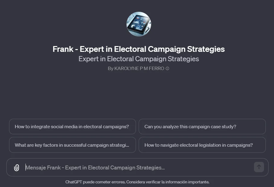 Frank, a GPT described as an expert in electoral campaign strategies.
