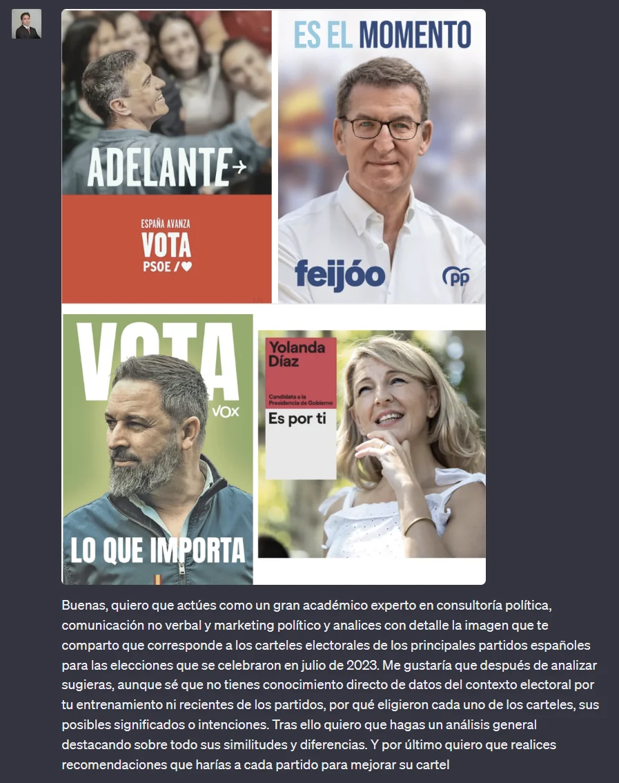 Screenshot of four Spanish election posters, for PSOE, PP, VOX and Yolanda Díaz, followed by the author's Spanish prompt asking GPT-4 Vision to analyse them.