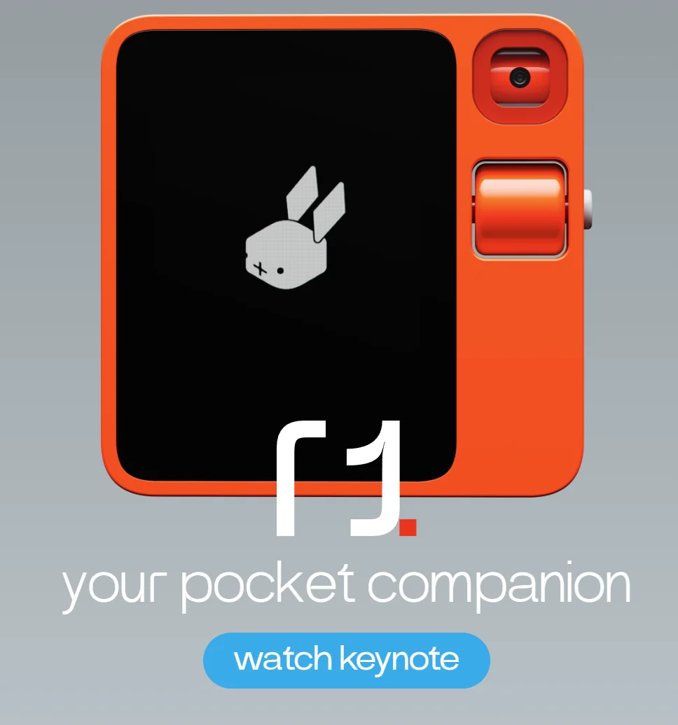 The orange Rabbit r1 handheld device, with a camera, scroll wheel and the slogan “your pocket companion”.