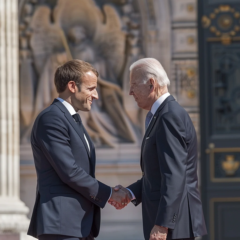 AI-generated fictional scene of Macron shaking hands with Joe Biden; not evidence of an actual meeting.