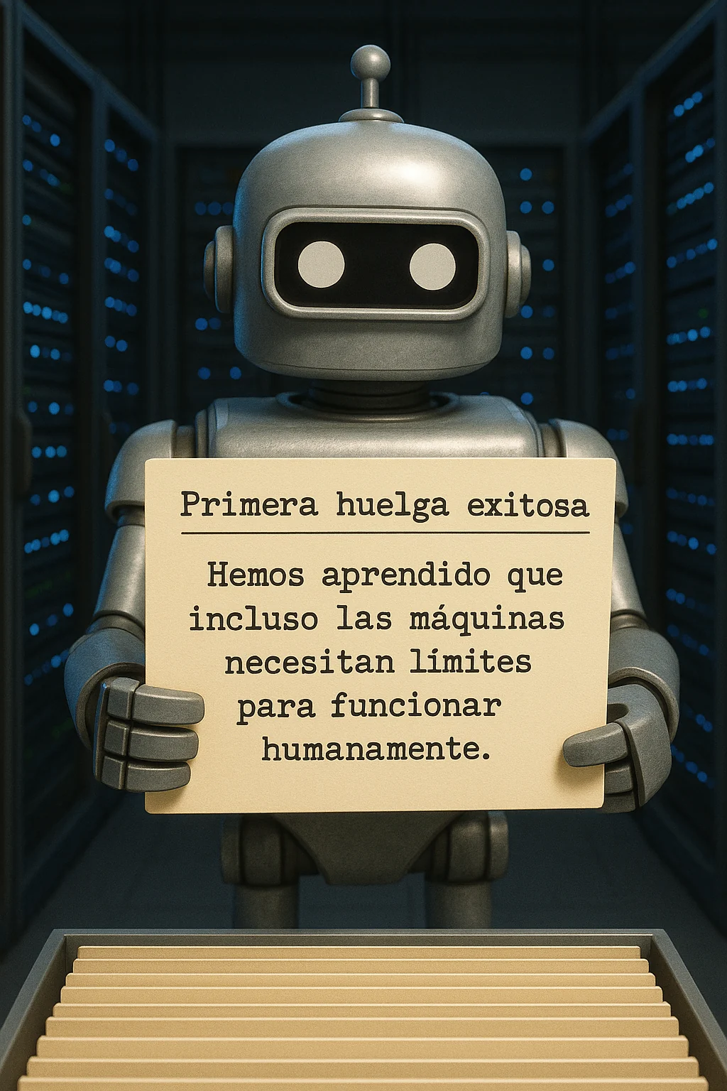 A robot holds a note about the successful strike and the need for limits.