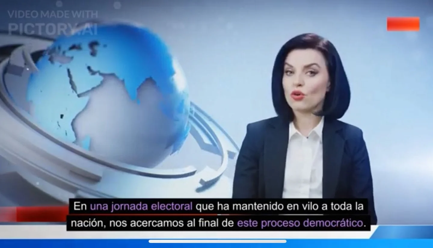 A simulated television news bulletin created with AI for the electoral training exercise.