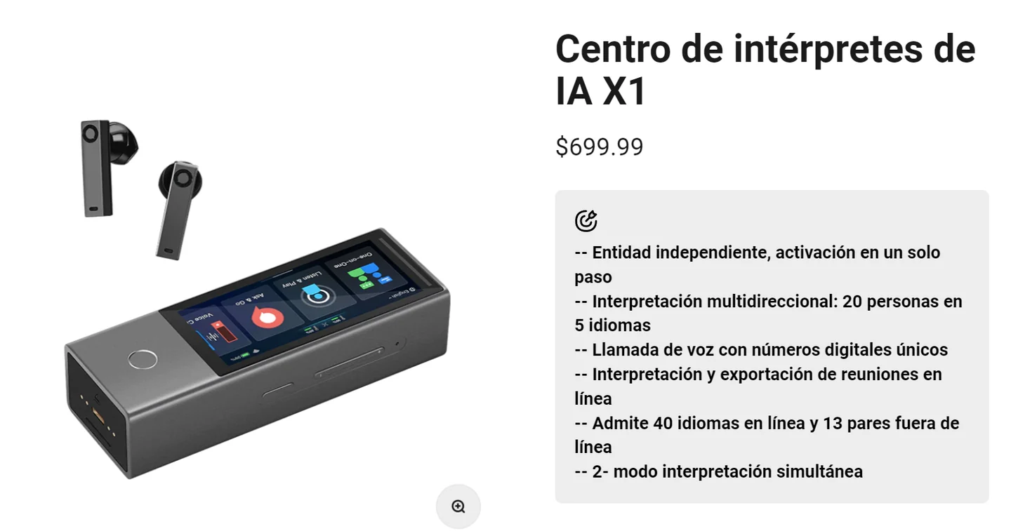 The X1 AI Interpreter Hub and earbuds, alongside its January 2024 price and advertised features.