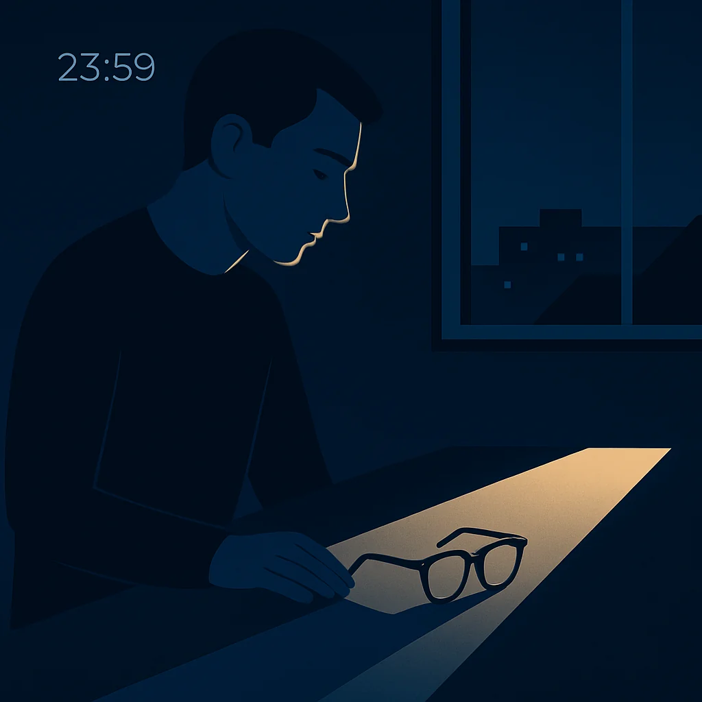 The campaign manager puts his glasses on a table at 23:59.
