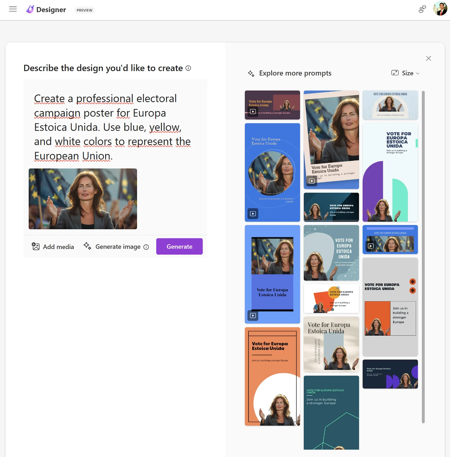 Microsoft Designer poster variations after adding the fictional candidate image.