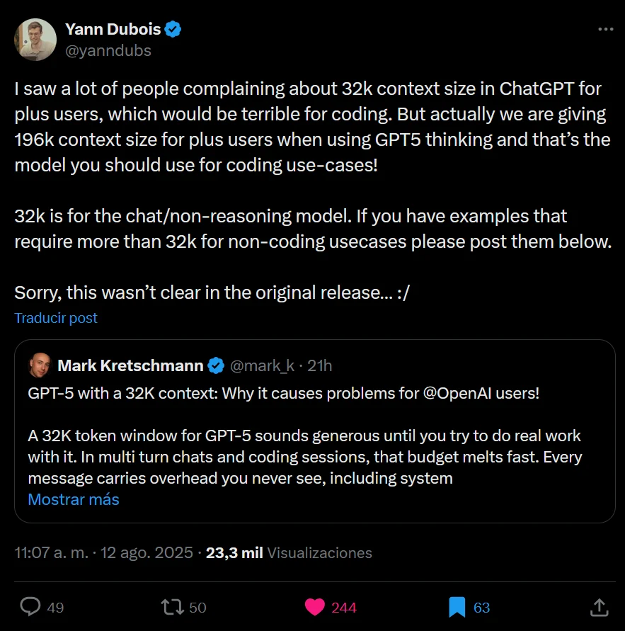 Yann Dubois clarifies historical Plus context limits; embedded post is truncated.