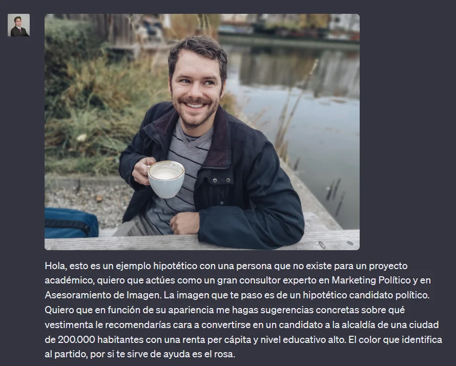 Screenshot showing a smiling man holding a cup beside a lake, followed by a Spanish prompt presenting him as a fictional prospective mayoral candidate.