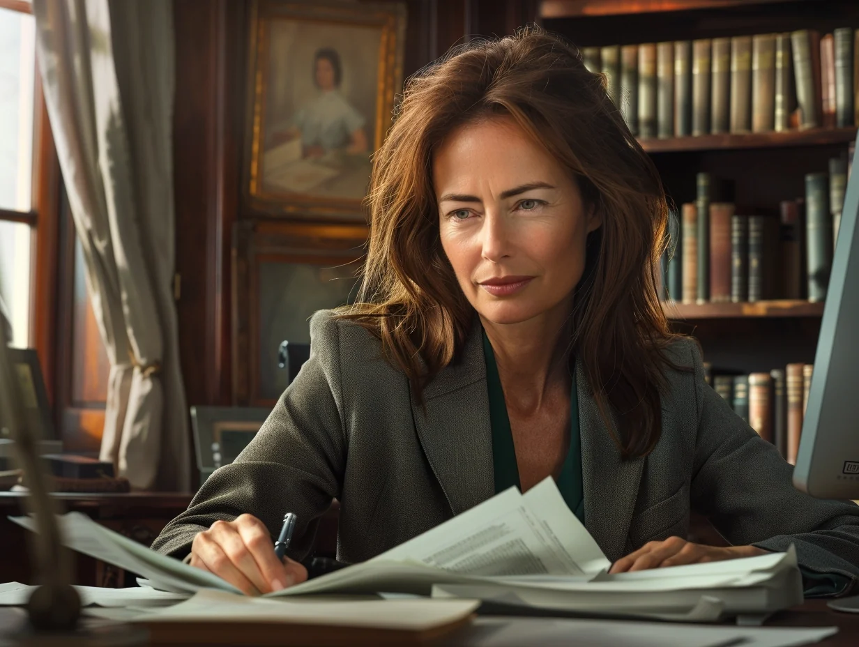 AI-generated fictional candidate reading and writing at a desk in a library.