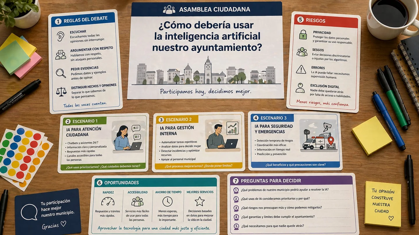 Generated citizens' assembly materials on council use of AI, arranged on a table.