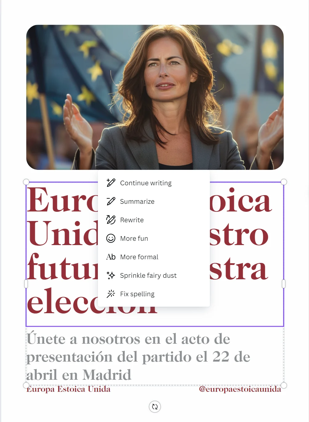 Canva text-editing view with its AI writing menu over the Spanish mock poster.