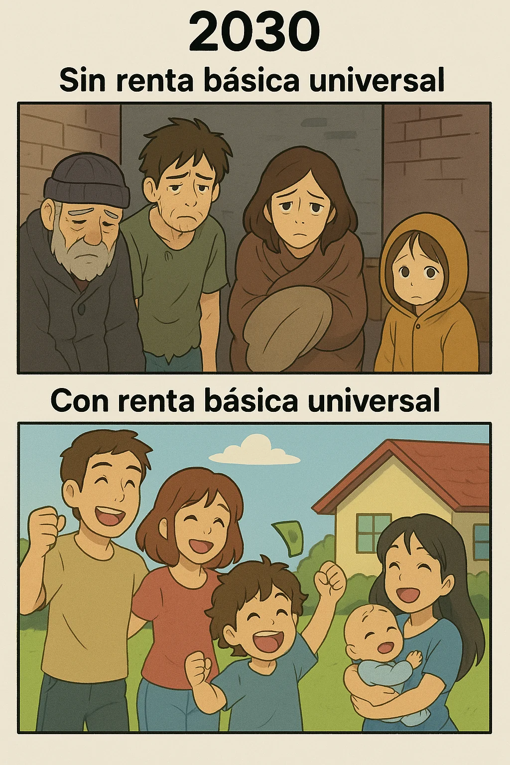 Ghibli-style version of the same synthetic 2030 universal-basic-income contrast meme.