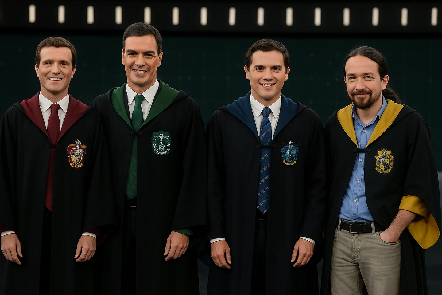 Synthetic edit of the four 2019 TVE debate participants wearing Hogwarts-house robes.