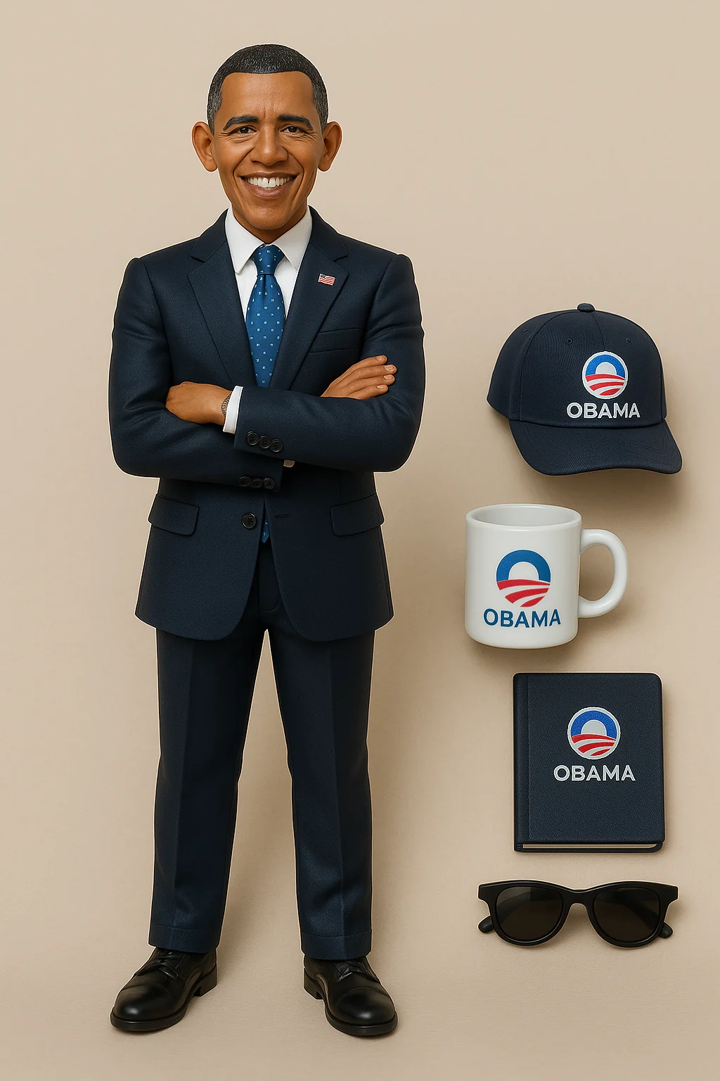 Synthetic unboxed Barack Obama figure with cap, mug, notebook and sunglasses.