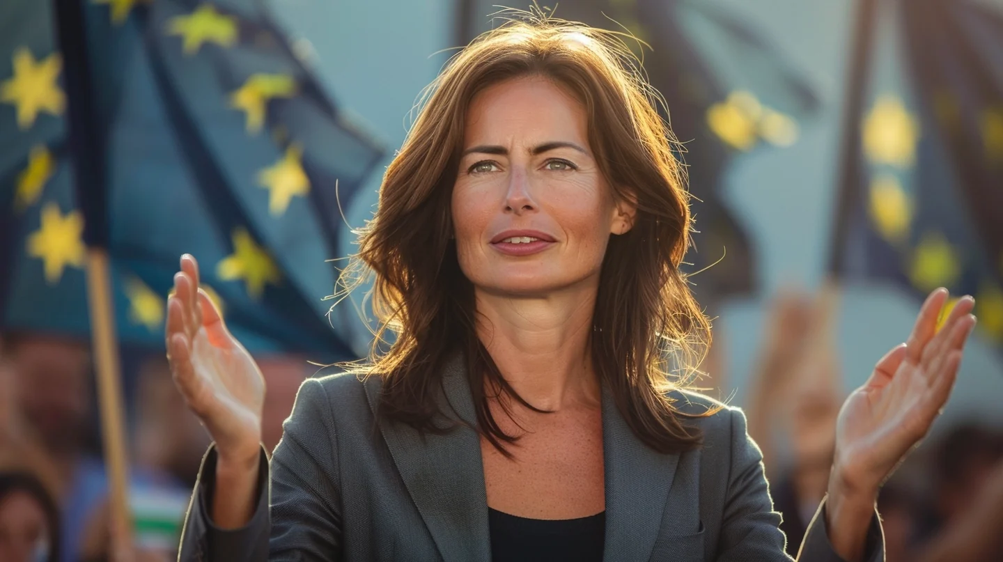 AI-generated fictional candidate speaking with raised hands before European flags.