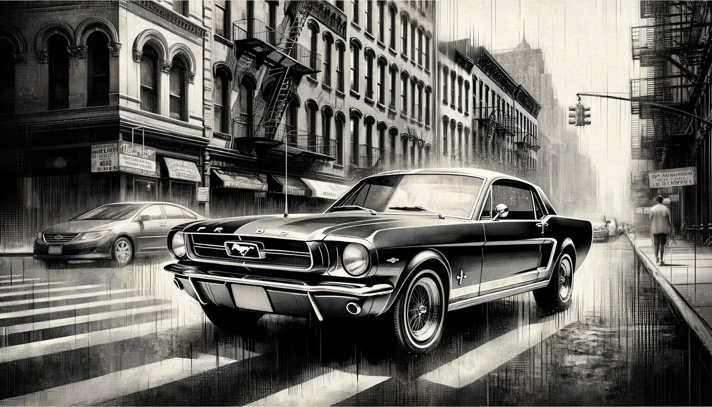 DALL·E 3’s wide, highly stylised monochrome image of a Ford Mustang on a New York street.