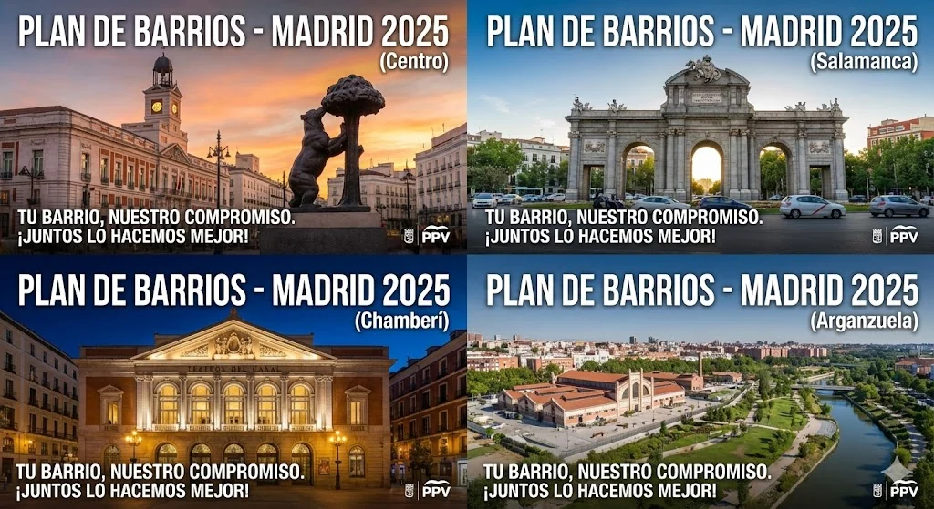 Four generated Madrid neighbourhood-plan posters with different district backgrounds and the same slogan.
