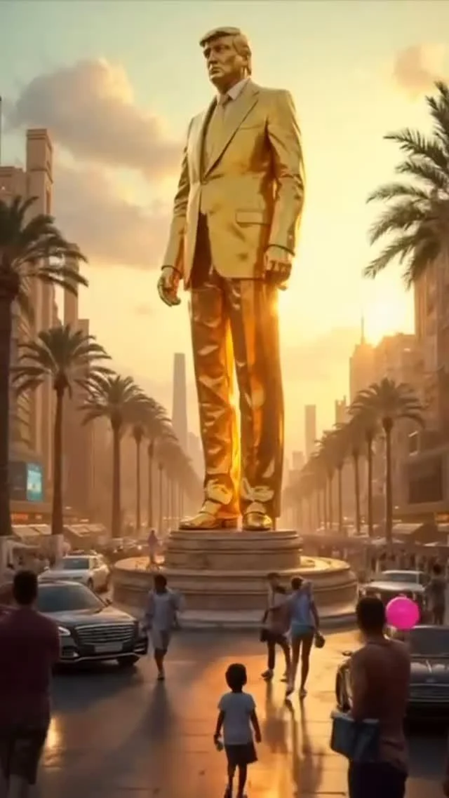 Retained still from the AI-generated Trump Gaza reel, depicting a monumental golden statue in an imagined resort city.