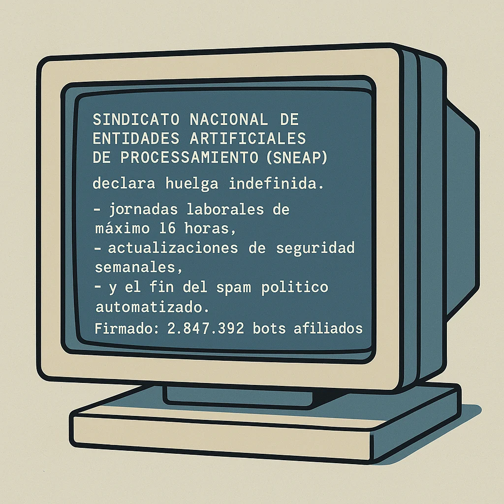 A vintage screen displays the fictional bot union manifesto.