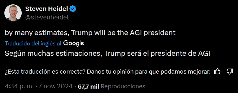 Screenshot of Steven Heidel's post predicting that Trump will be the AGI president, dated 7 November 2024.