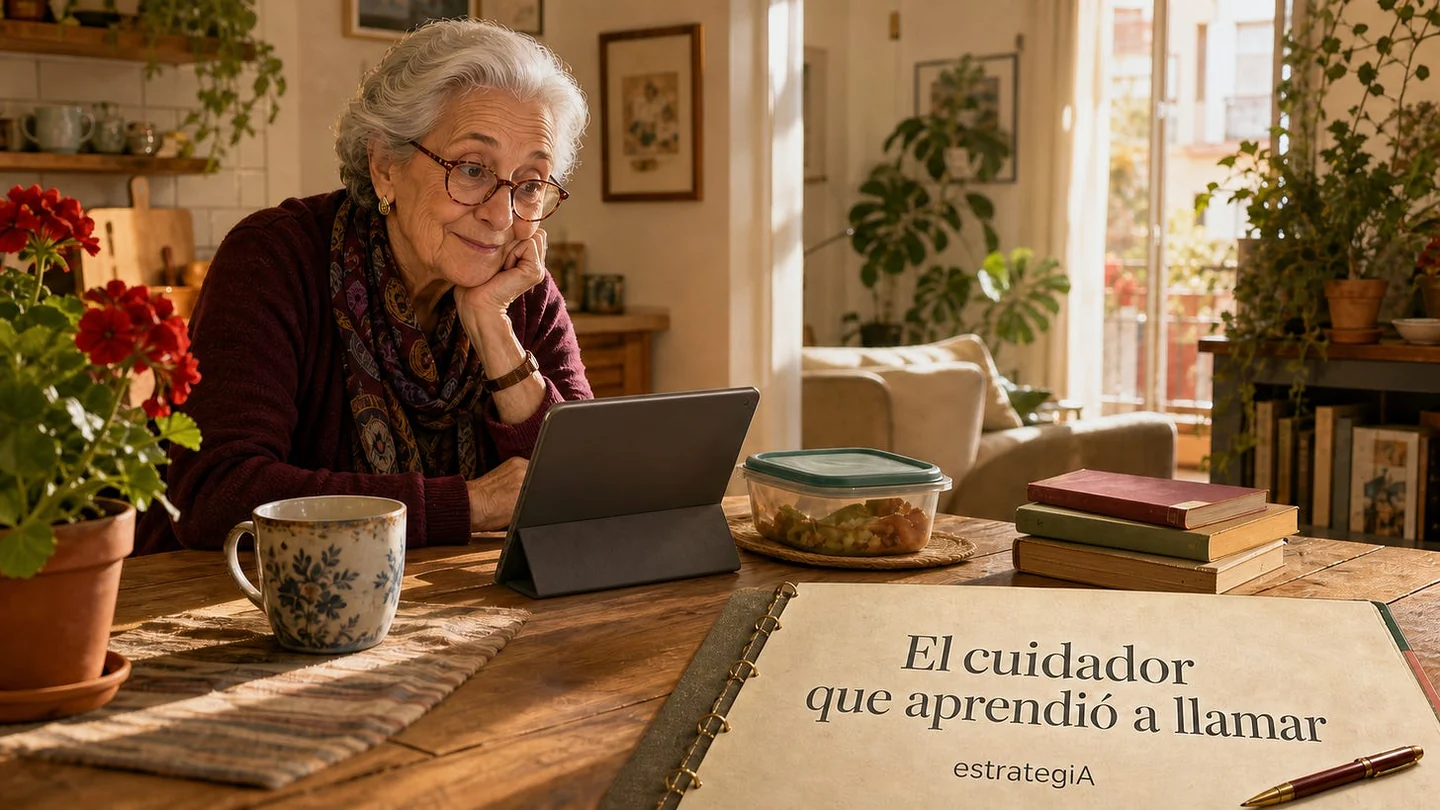 An older woman at her kitchen table with a tablet, plants, books and a food container, illustrating the fictional care assistant story.