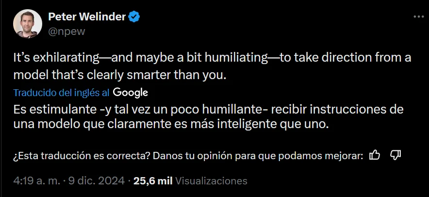 Peter Welinder’s post about taking direction from a model smarter than oneself, with an automatic Spanish translation beneath it.