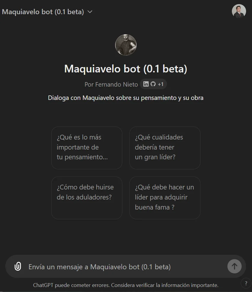 Spanish-language interface of Machiavelli bot 0.1 beta, by Fernando Nieto, inviting readers to discuss Machiavelli's thought and work.