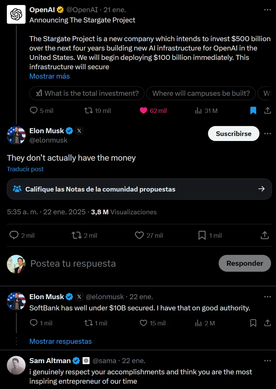 Screenshot of OpenAI’s Stargate announcement and responses from Elon Musk and Sam Altman.