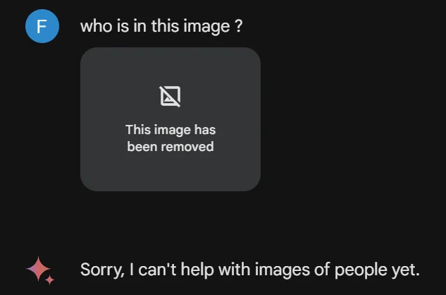 Gemini declines a request asking who is in an image; the uploaded image is no longer displayed.