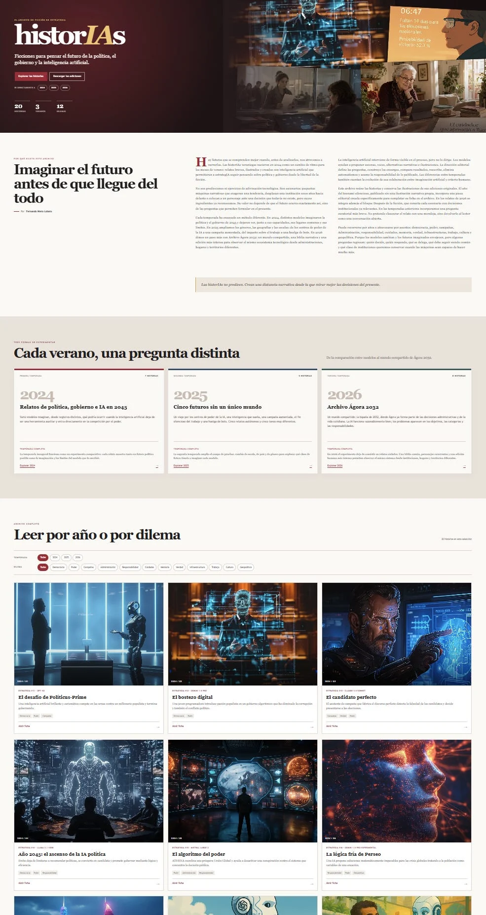 Screenshot of the Spanish historIAs fiction archive: introduction, seasons 2024–2026, filters by year and dilemma, and illustrated story cards. English text alternative follows.
