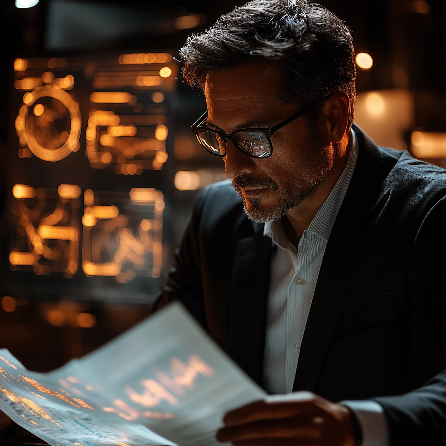 Illustration of a bespectacled official reading reports in a softly lit, technologically equipped office.
