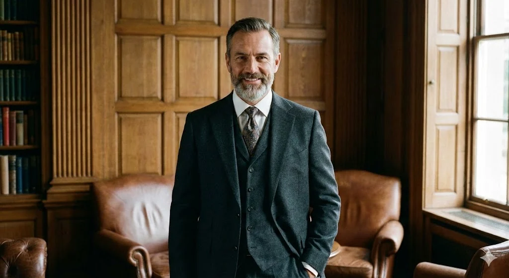Starting portrait of a suited man in a wood-panelled room.