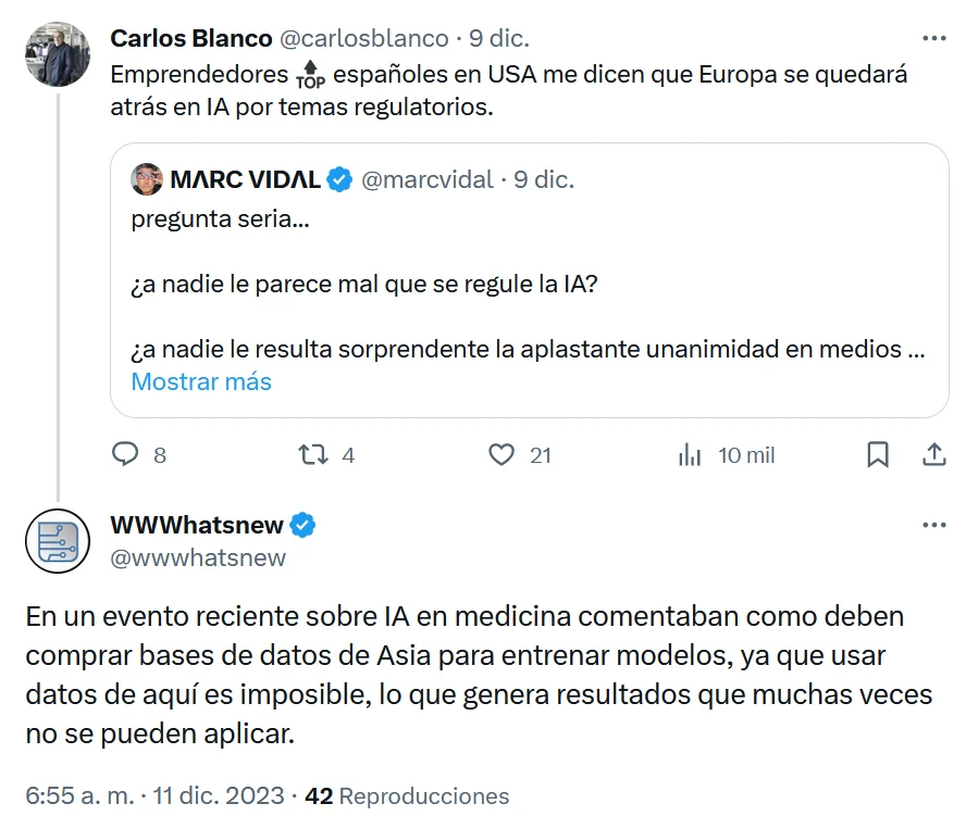 Spanish posts by Carlos Blanco, Marc Vidal and WWWhatsnew criticise AI regulation and restrictions on training data.
