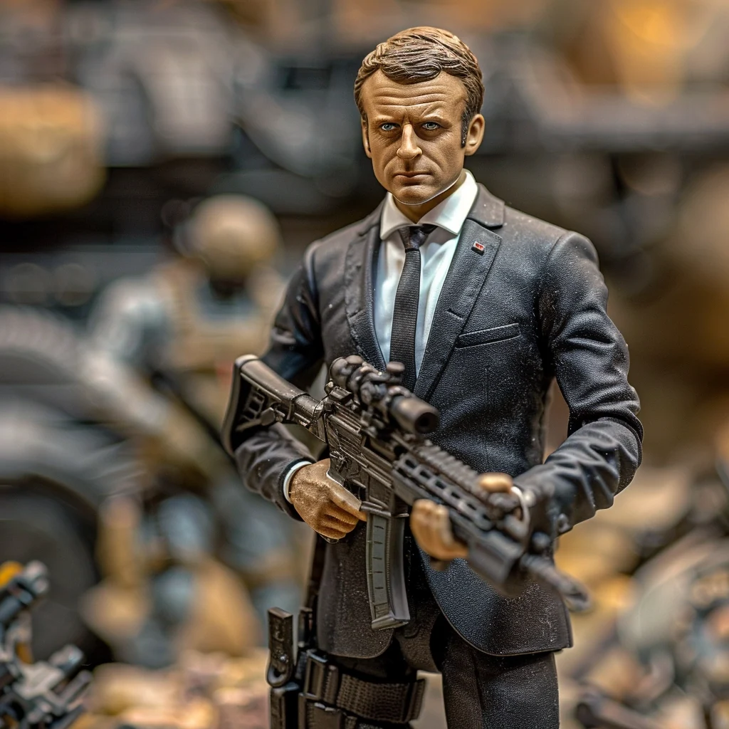 AI-generated action figure resembling Macron, dressed in a suit and holding a toy rifle.