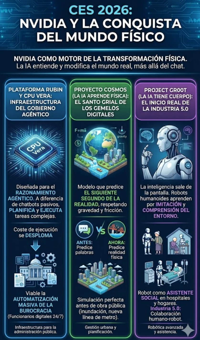 Three-column CES 2026 infographic explaining Vera and Rubin, Cosmos and Project GR00T, with their proposed applications to public administration, urban planning and care. Full text follows.