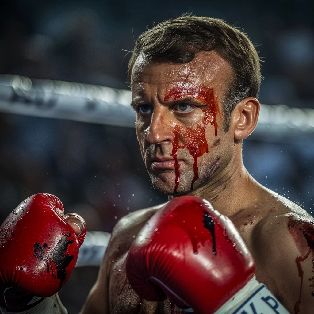 AI-generated fictional depiction of Macron as a boxer with red gloves and blood on his face.