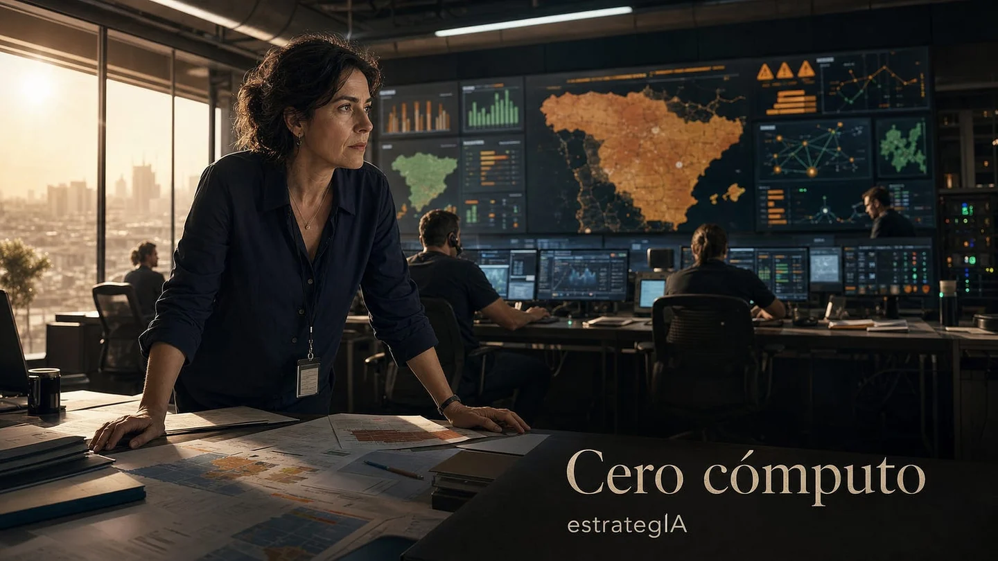 A crisis coordinator in a national computing control room during a fictional heat emergency, with a map of Spain and capacity dashboards.