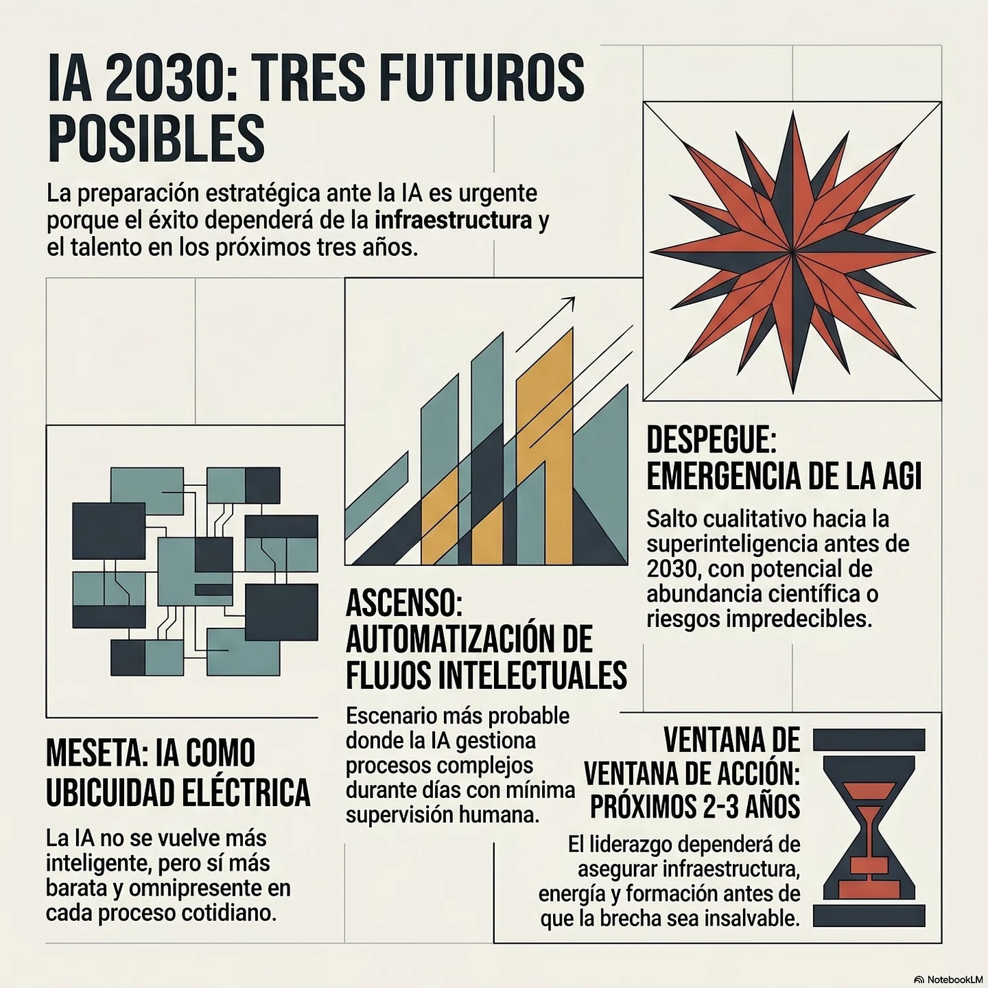 Infographic contrasting plateau, ascent and take-off scenarios for AI in 2030, with a two-to-three-year window for action.