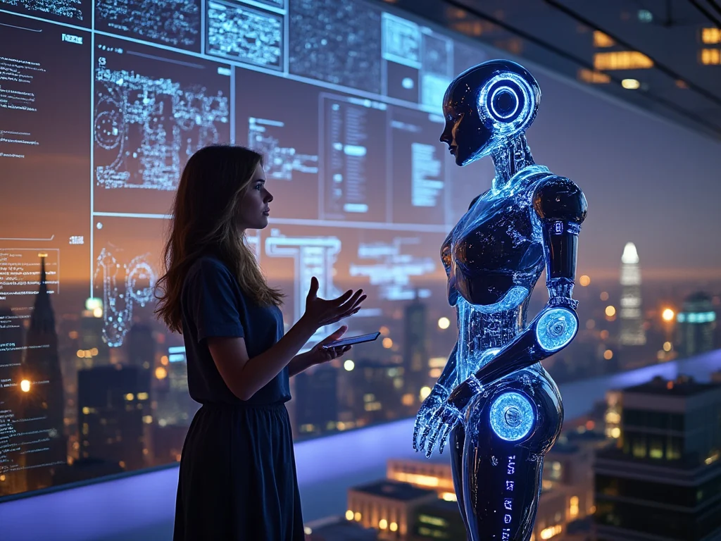 Flux illustration of a woman debating with a blue humanoid robot before large data displays.