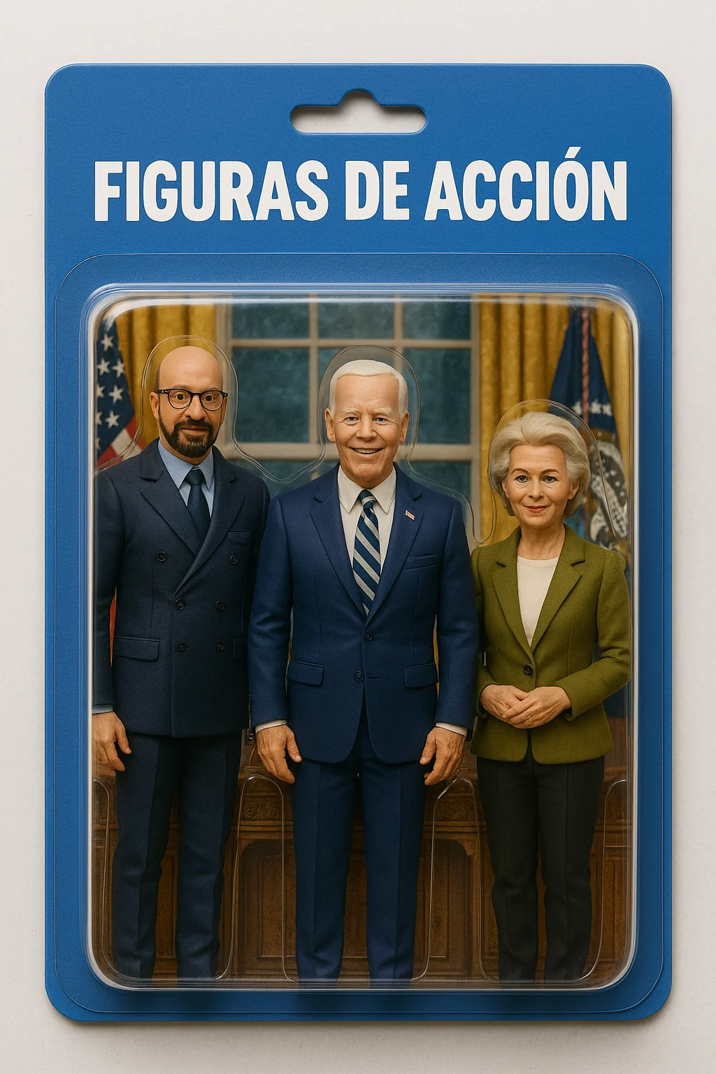 Generated boxed action-figure version of the summit group, with the Spanish label Action figures.