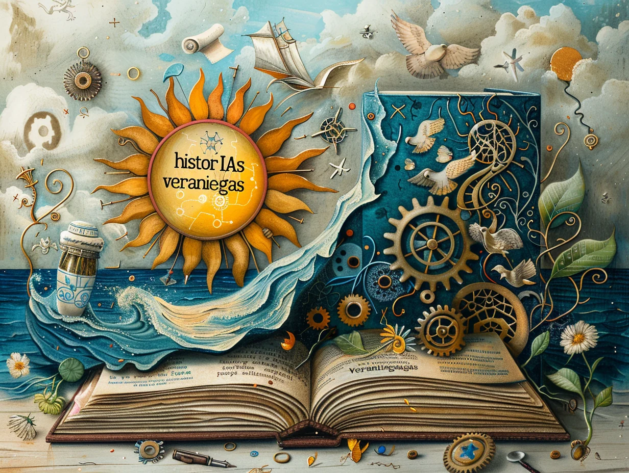 Summer AI stories illustration: an open book, waves, gears, birds and a sun bearing the Spanish words historIAs veraniegas.