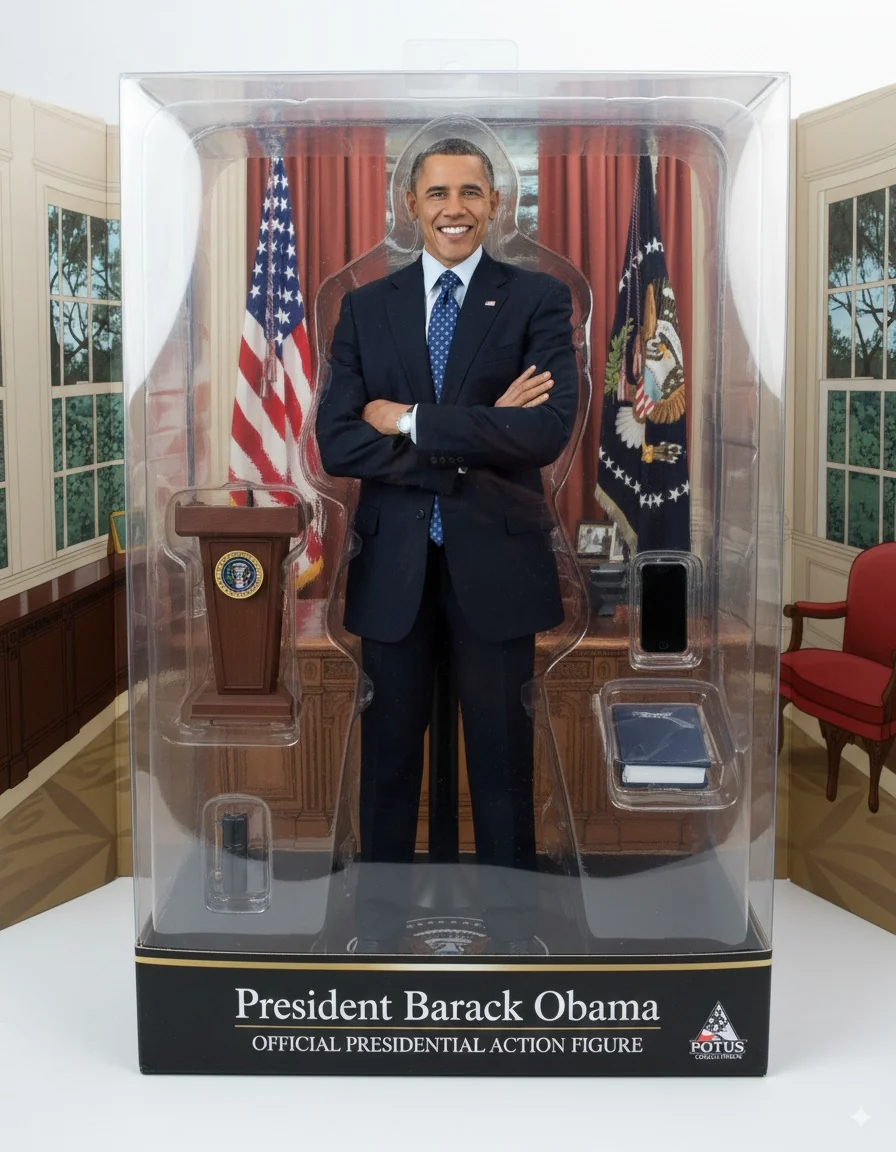 Generated boxed action figure labelled President Barack Obama, with a presidential office backdrop.