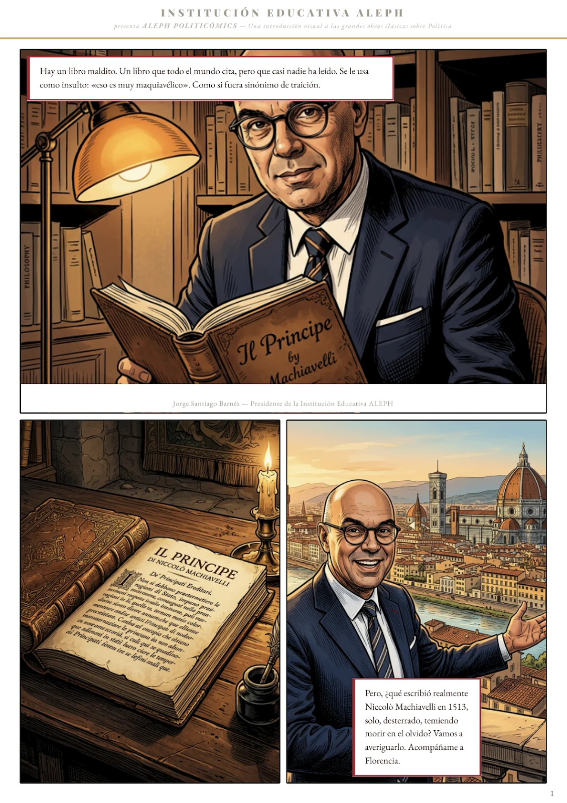 First ALEPH Politicómics page introducing Machiavelli and The Prince.