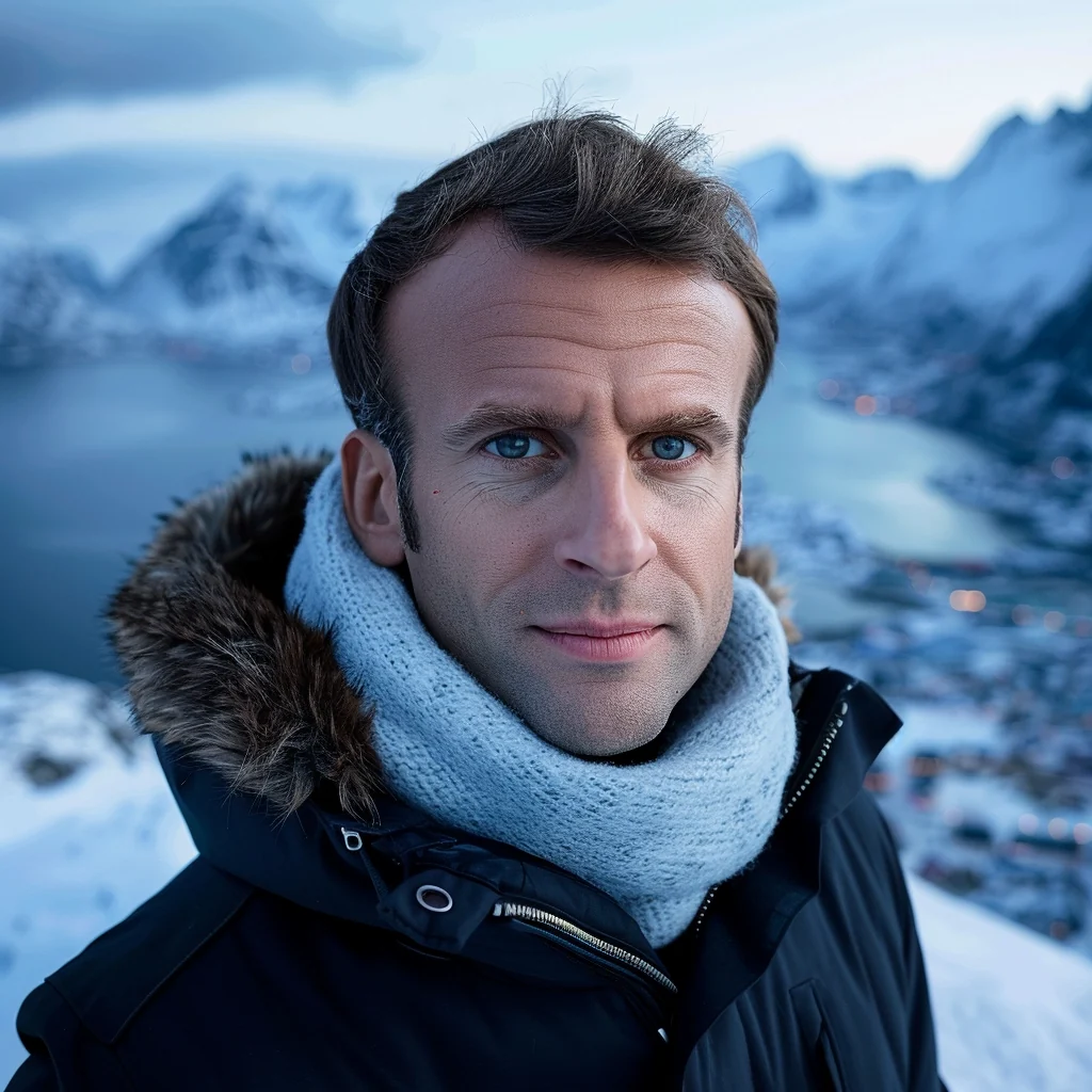 AI-generated fictional portrait of Macron in winter clothing against a snowy coastal landscape.