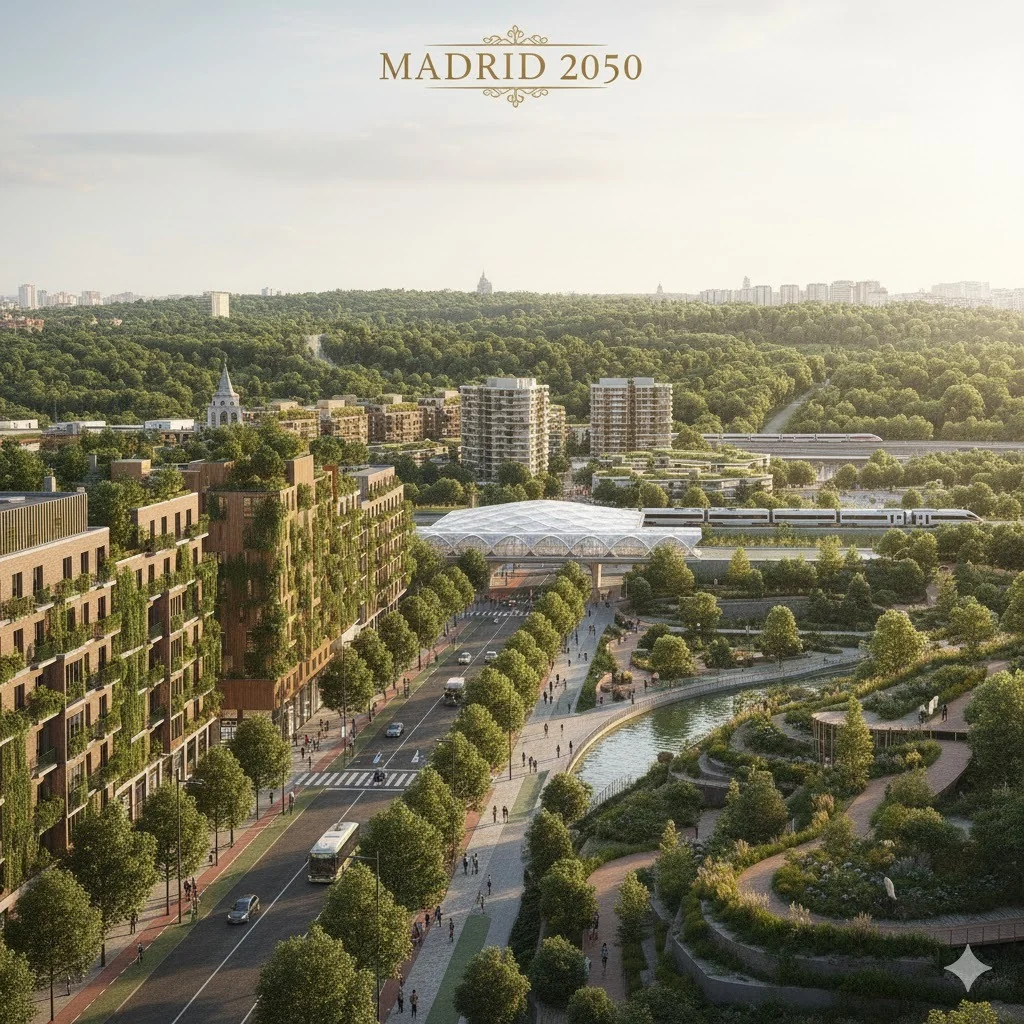Generated Madrid 2050 neighbourhood with planted buildings, rail connections and a green corridor.