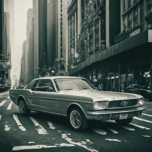 Gemini’s square, photographic-style monochrome image of a 1960s Ford Mustang on a New York street.
