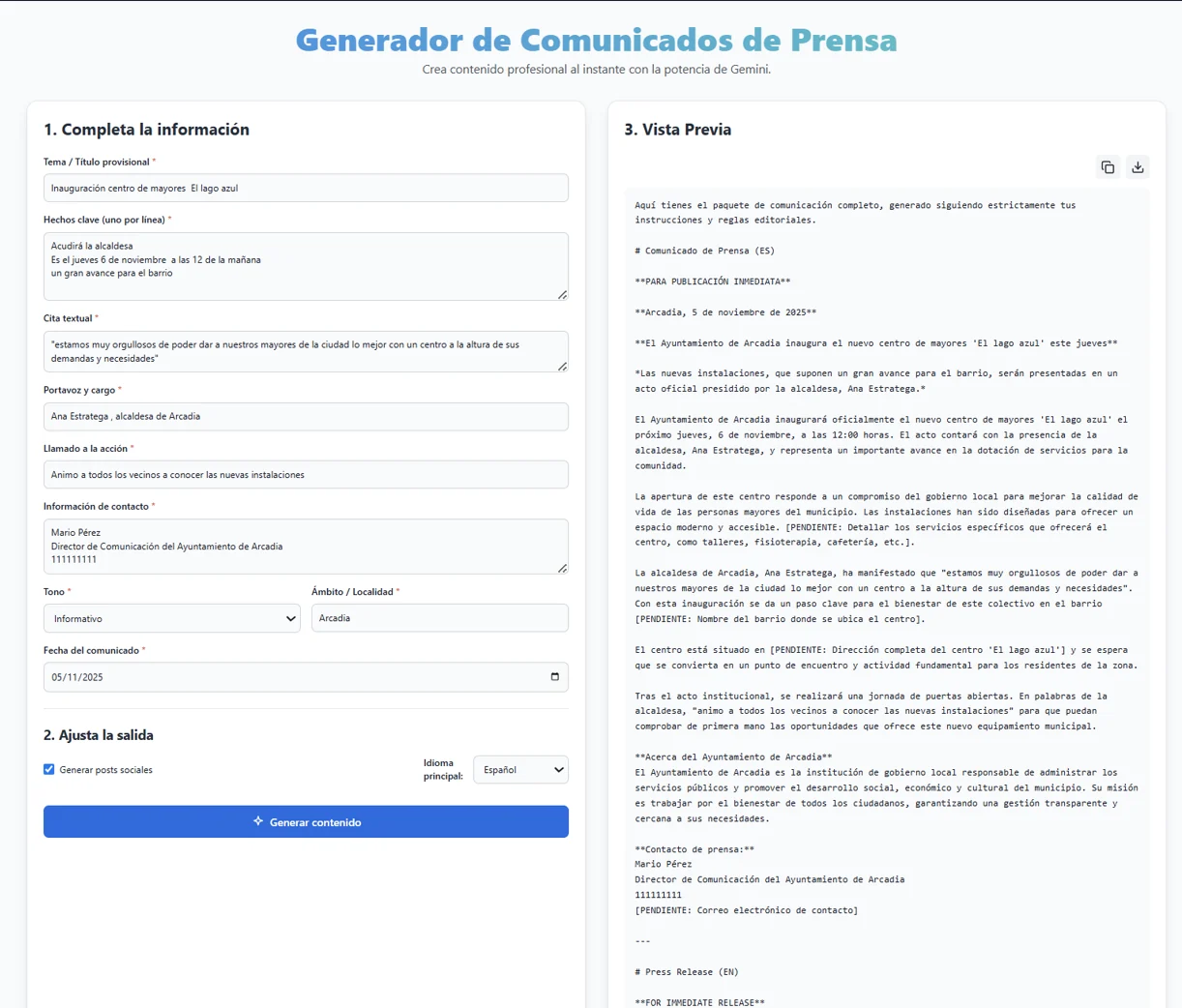 Initial blue interface and generated Spanish press release for the fictional opening of El lago azul centre in Arcadia.